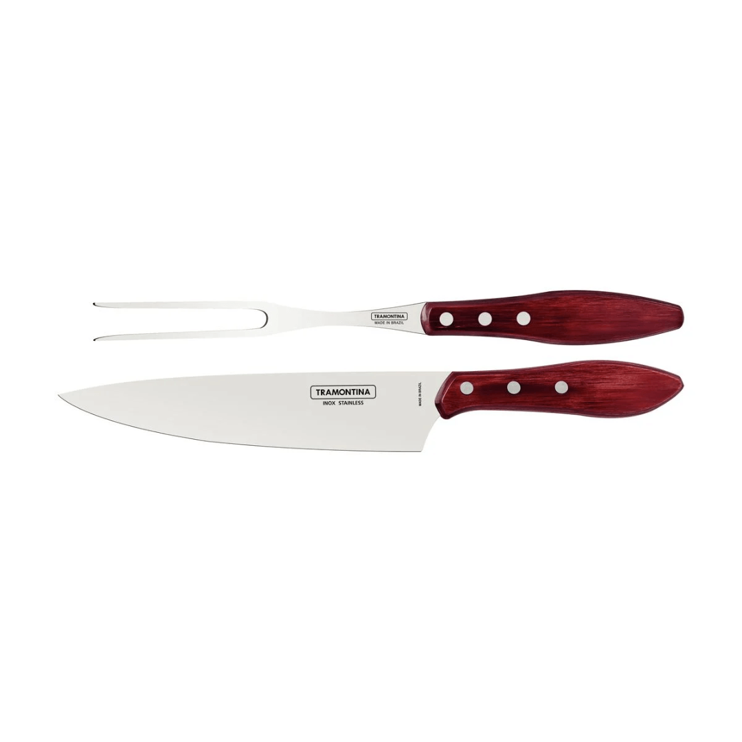 Jogo Trinchante para Churrasco Polywood Aço Inox e Cabo de Madeira Vermelho 2 Peças Tramontina