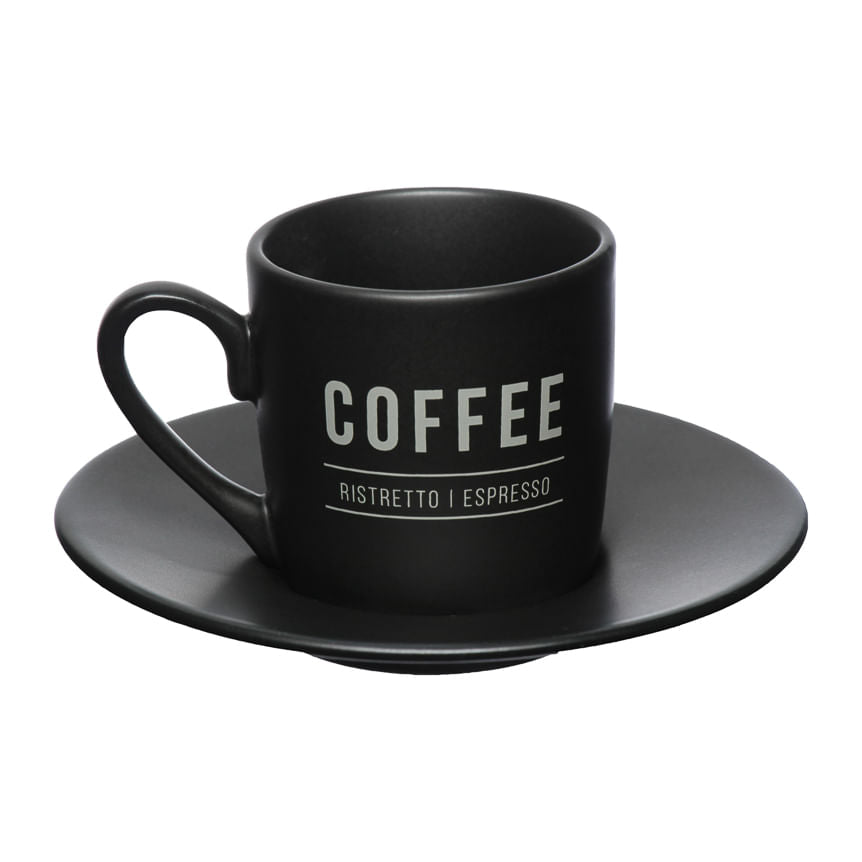 Jogo Xicara de Café com Pires Manhattan Preta 80ml 6 Peças