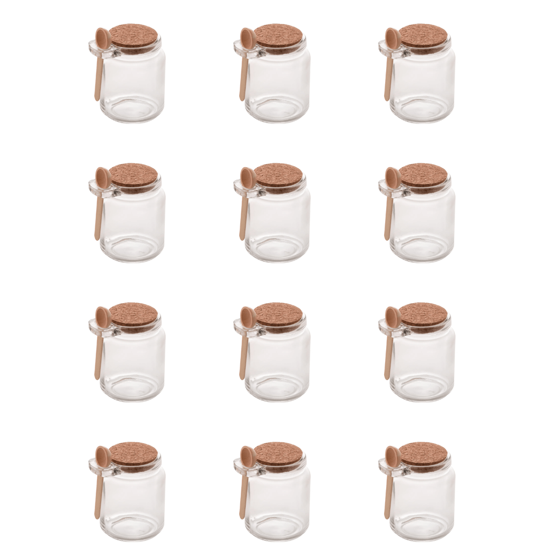 Kit 12 Potes de Vidro Tampa Rolha com Colher Bambu 240ml