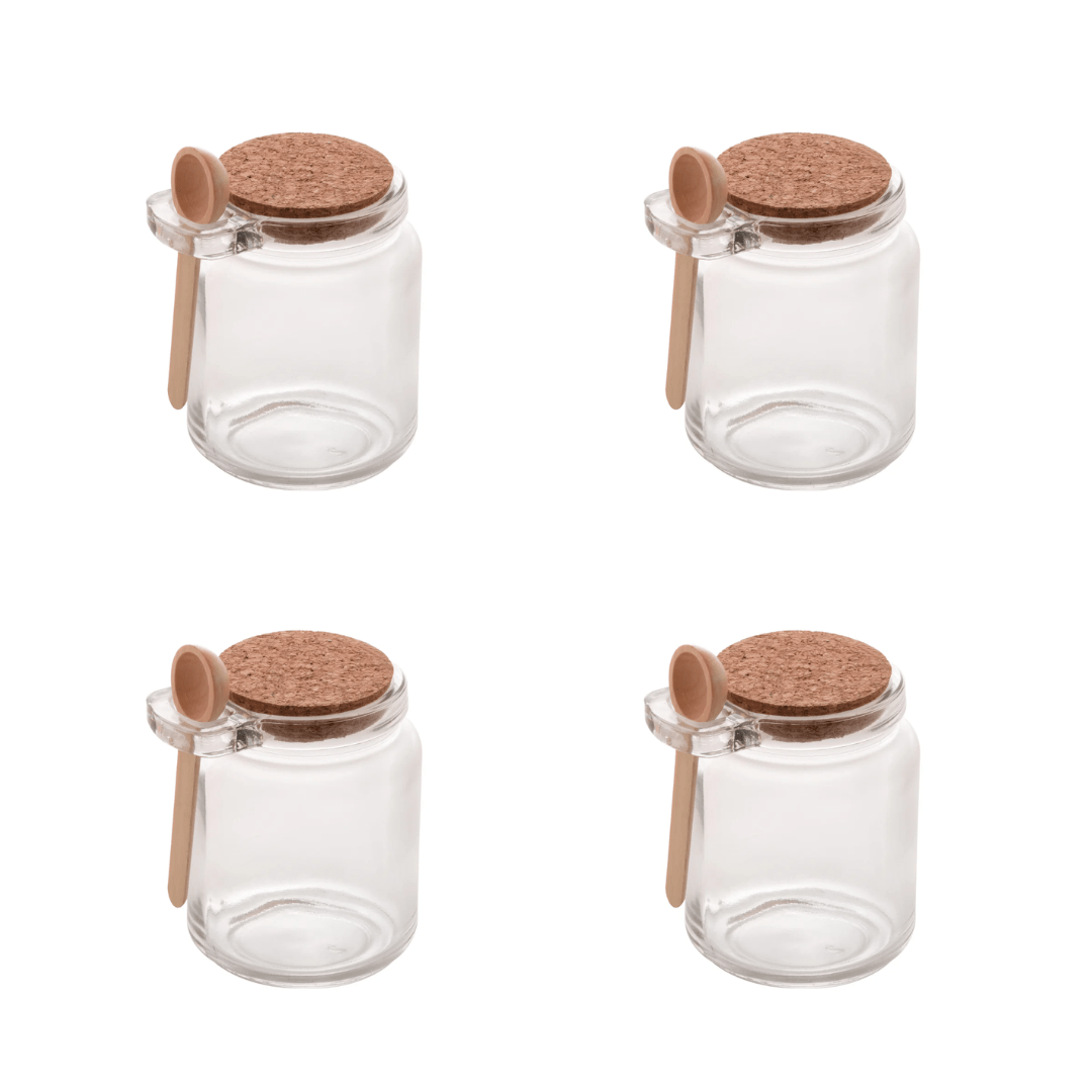 Kit 4 Potes de Vidro Tampa Rolha com Colher Bambu 240ml