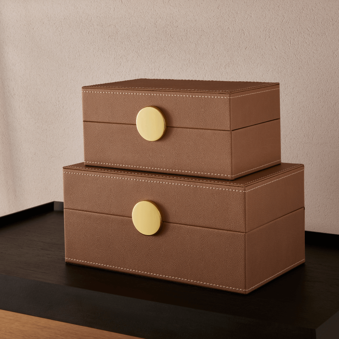 Kit Caixas Decorativas em MDF e PU Marrom 2 Peças