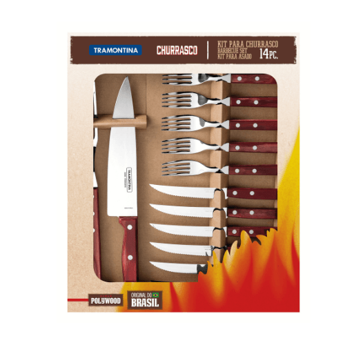 Kit Churrasco em Aço Inox com Cabo Vermelho Polywood 14 Peças Tramontina