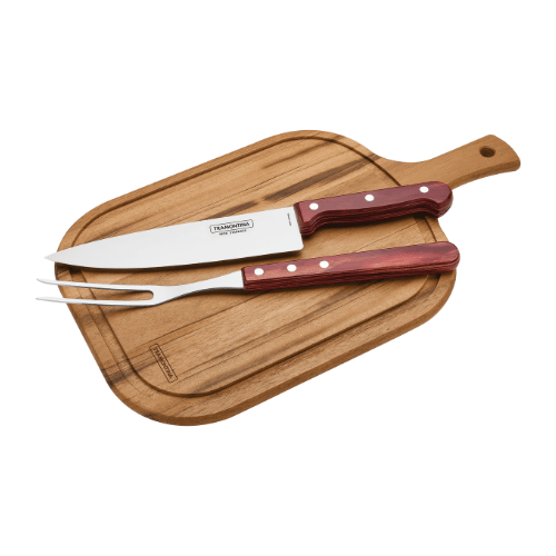 Kit Churrasco em Aço Inox e Cabo Vermelho Polywood com Tábua de Madeira 3 Peças Tramontina
