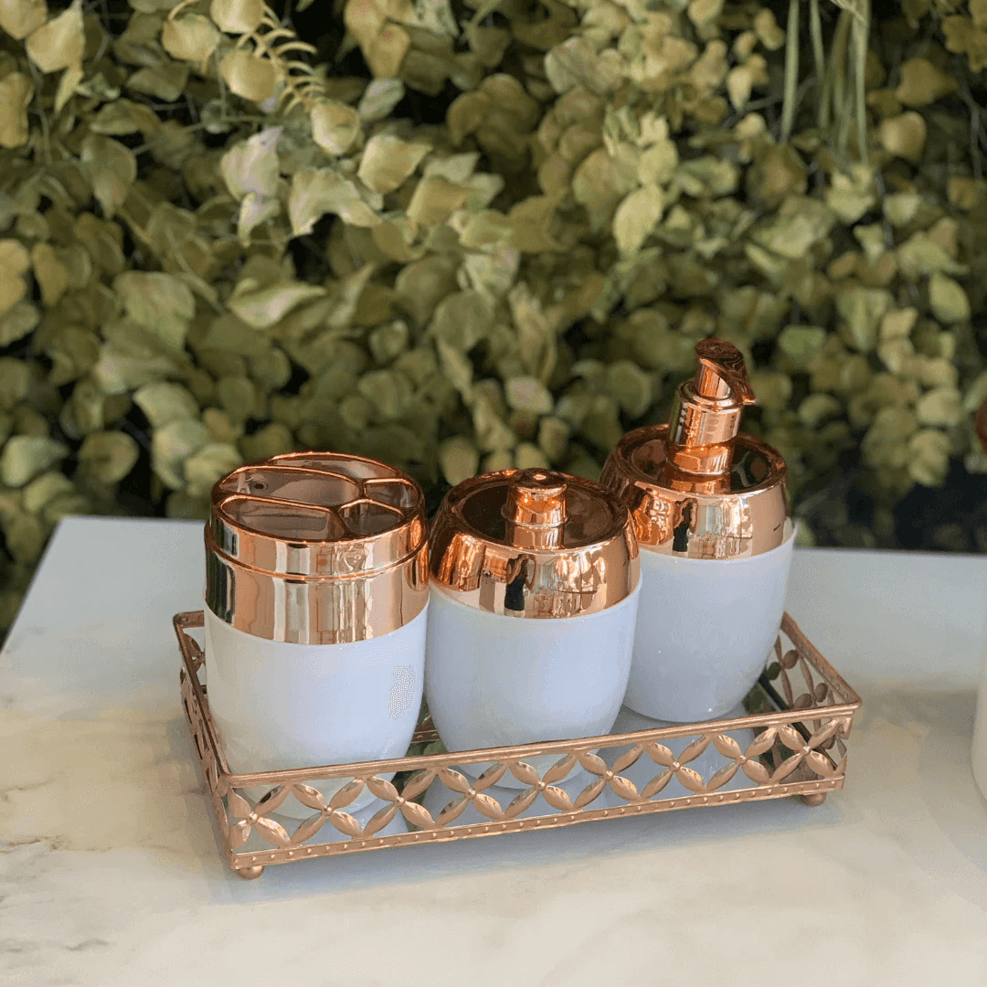 Kit de Acessorios Banheiro Lavabo Branco e Rose Gold 3 Peças