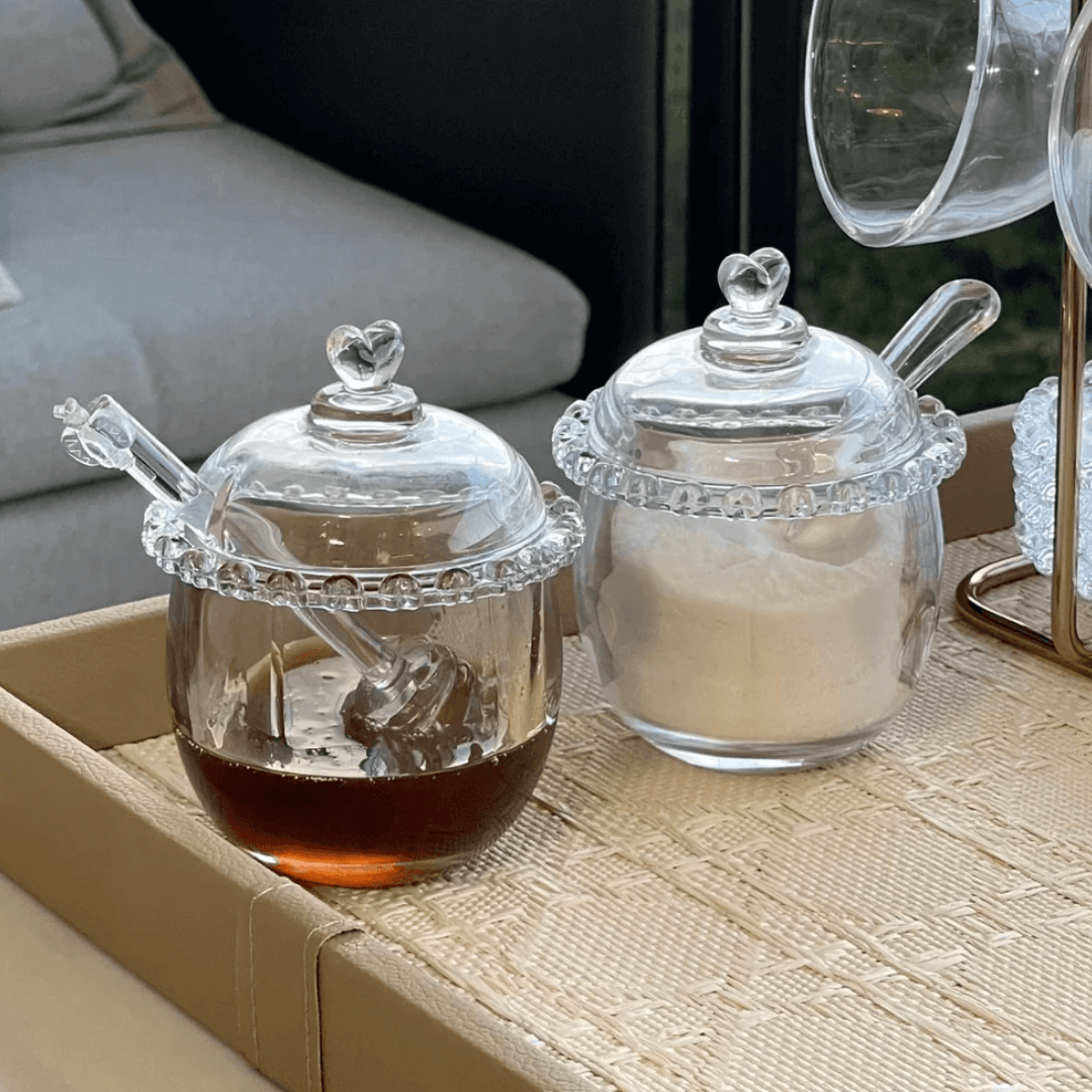 Kit Meleira + Açucareiro de Cristal Detalhes de Coração 2 Peças