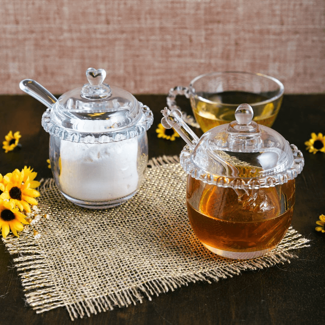 Kit Meleira + Açucareiro de Cristal Detalhes de Coração 2 Peças