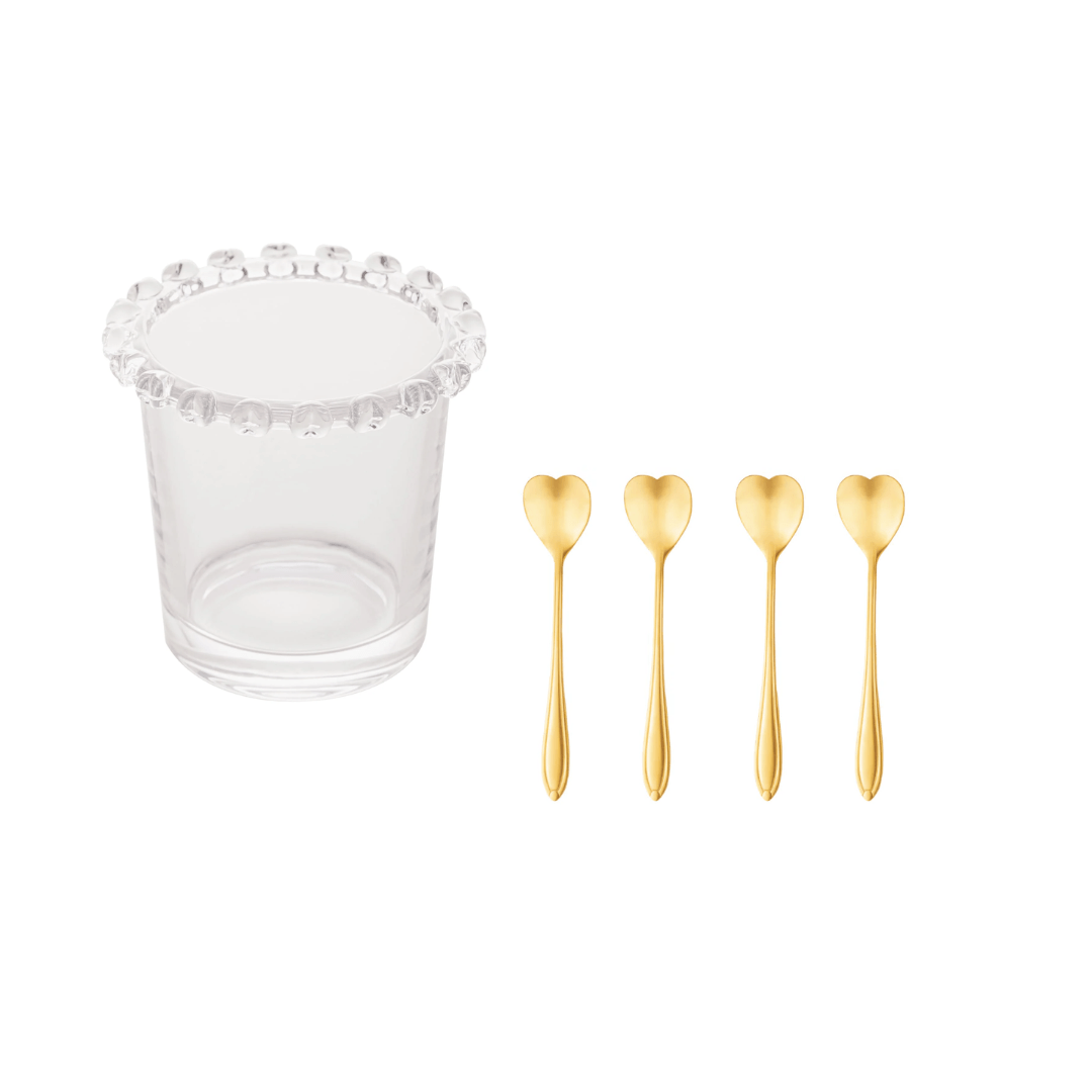 Kit Porta Talheres e Jogo 4 Colheres para Chá Dourado 5 Peças