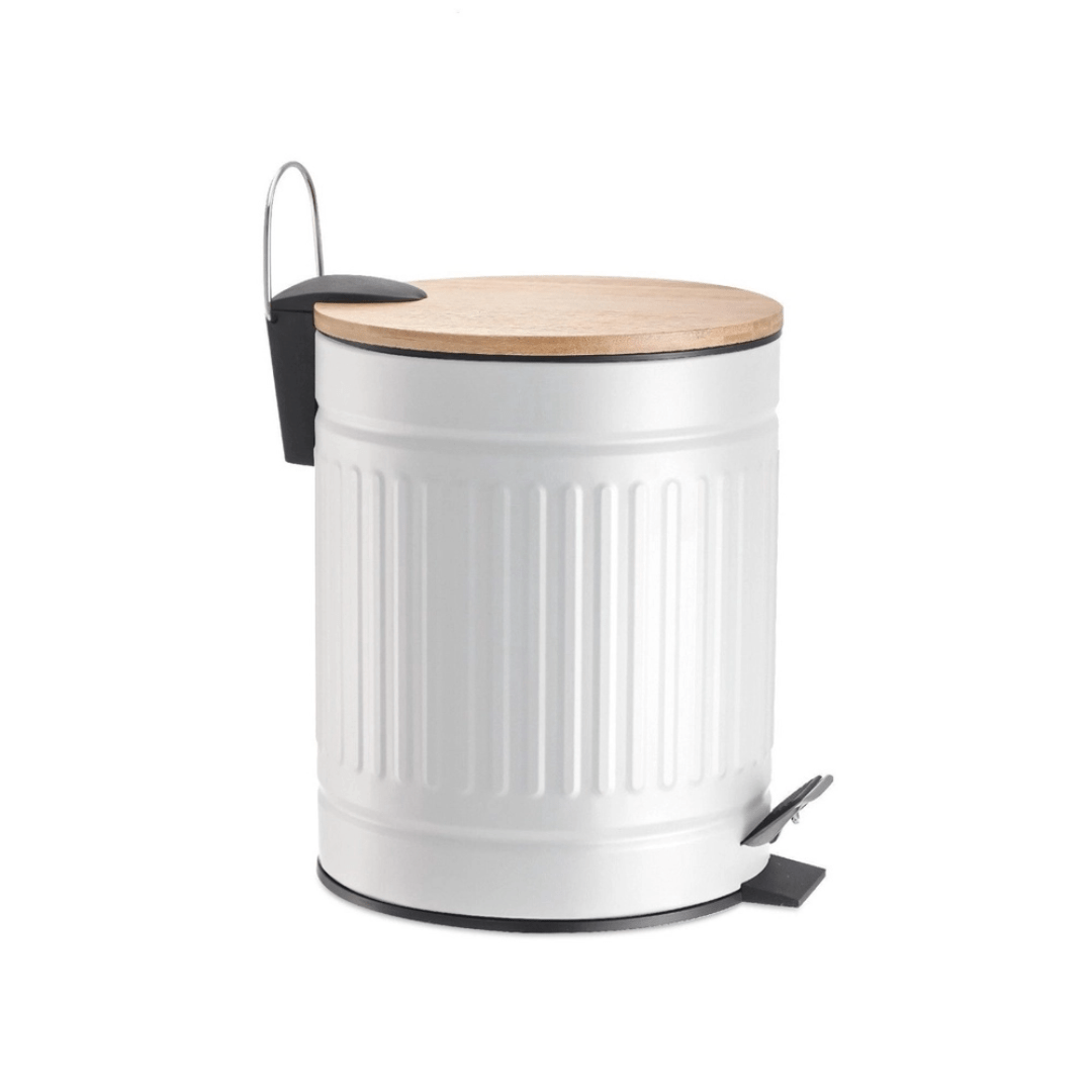 Lixeira Fluted de Metal com Tampa e Pedal de Bambu Branca 5 Litros
