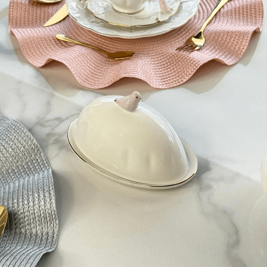 Manteigueira com Tampa em Porcelana Birds Branca 16cm