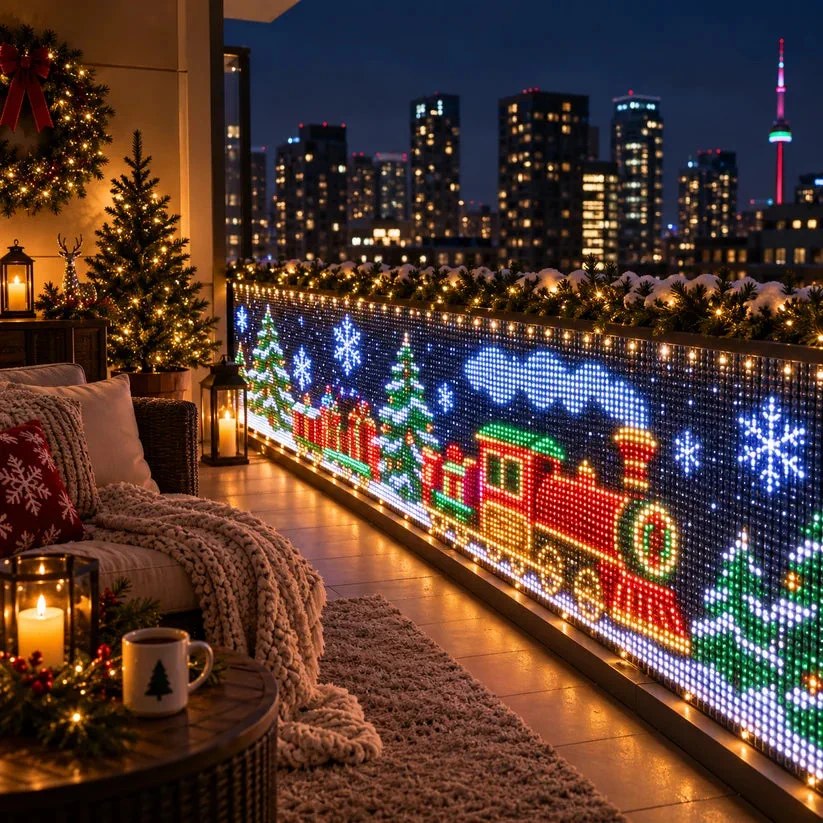 Painel de LED na grade da sacada mostrando um trenzinho de Natal, árvores e flocos de neve