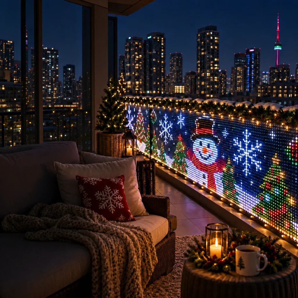 Painel de LED na grade da varanda mostrando um boneco de neve e árvores de Natal