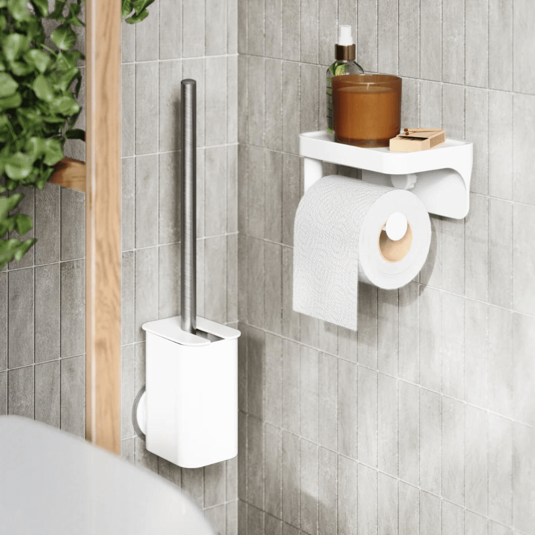 Porta Papel Higiênico com Porta Objeto Fixação Adesivo Branco Linha Flex