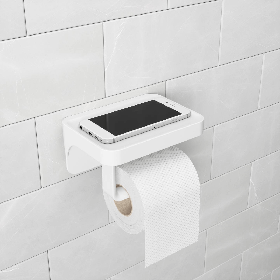 Porta Papel Higiênico com Porta Objeto Fixação Adesivo Branco Linha Flex