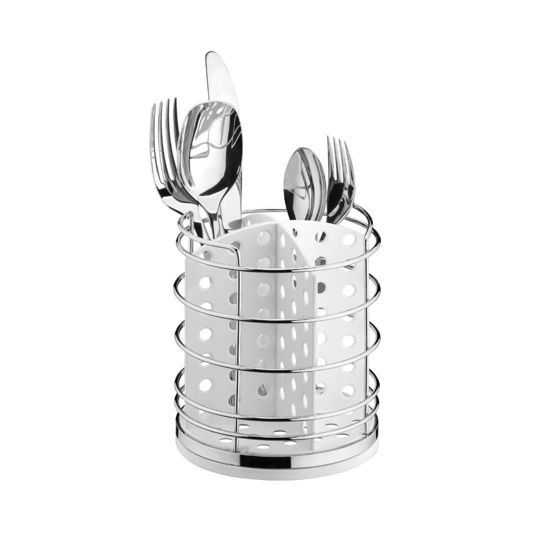 Porta Talheres Utensílios Branco e Cromado 15cm