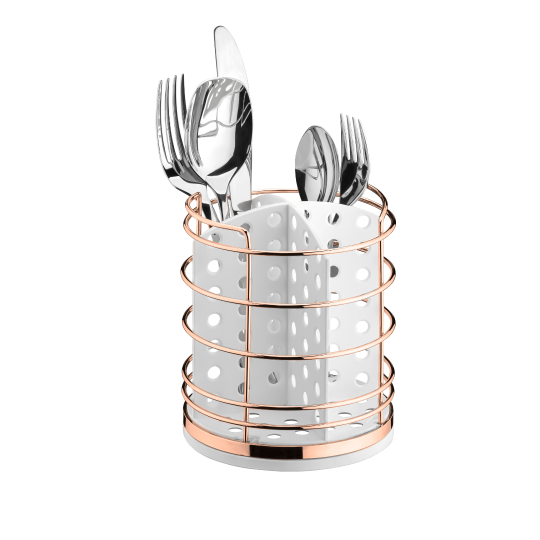 Porta Talheres Utensílios Branco e Rose Gold 15cm
