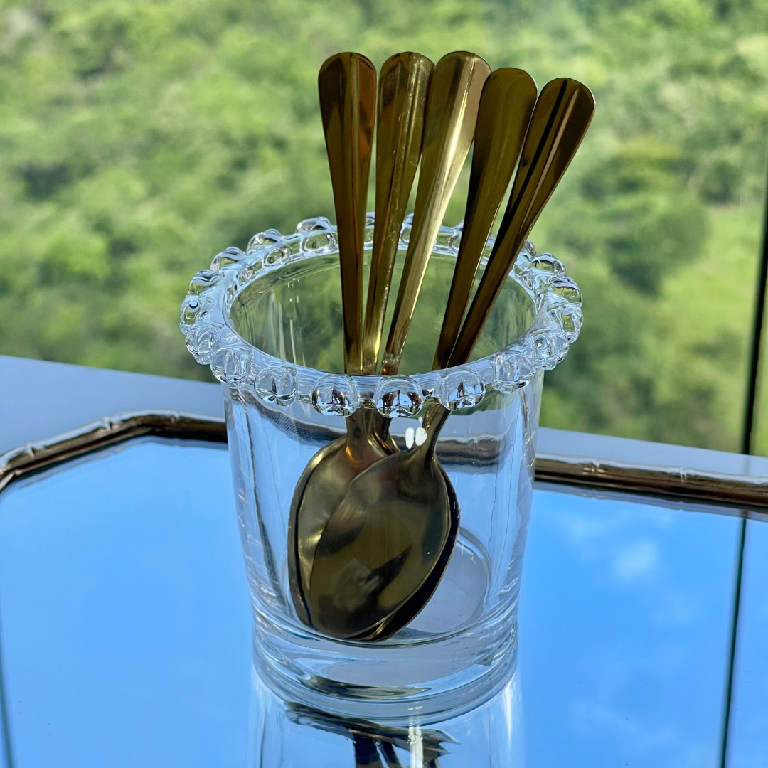 Kit Porta Talheres e Jogo 4 Colheres para Chá Dourado 5 Peças