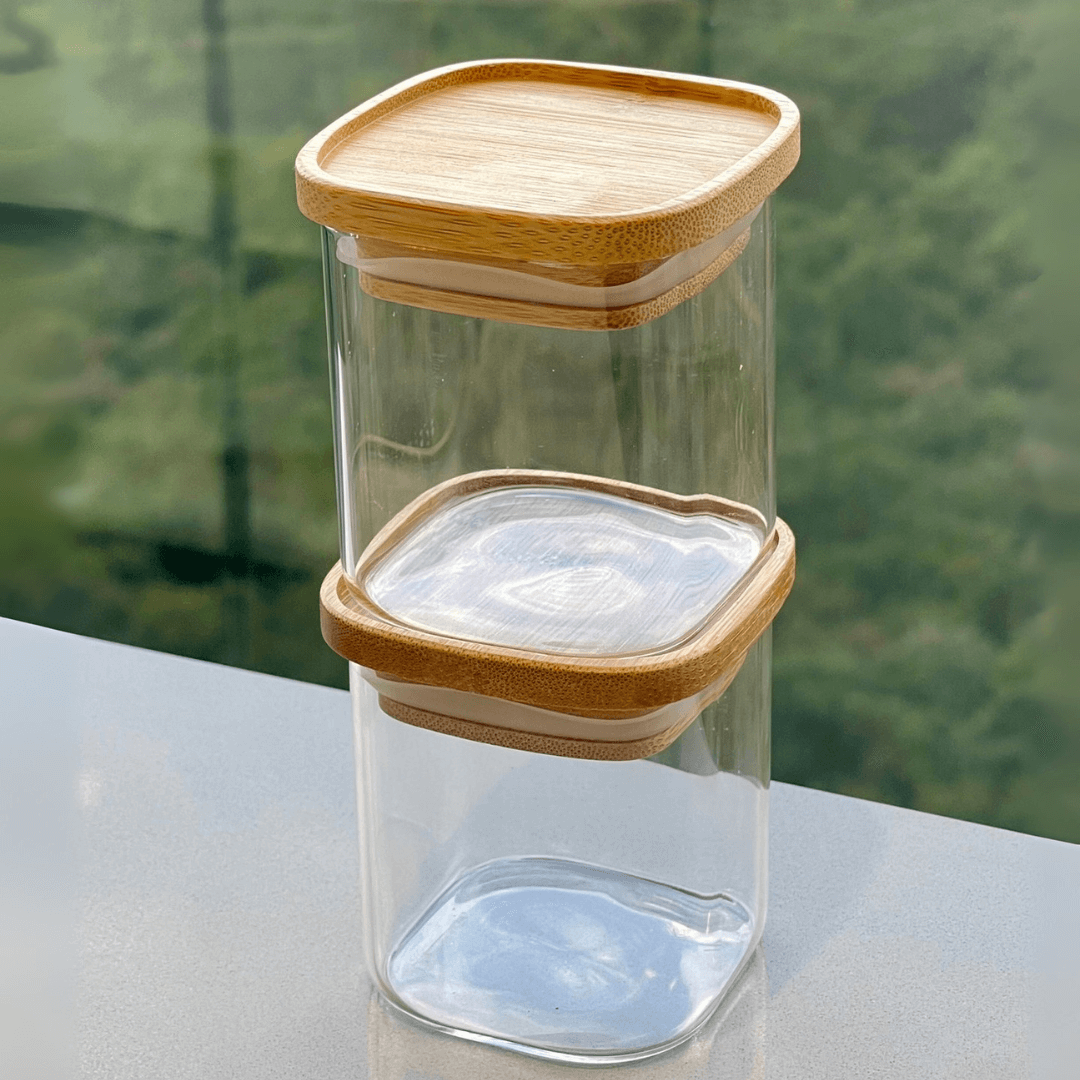 Pote Hermético de Vidro com Tampa Empilhável de Bambu 150ml