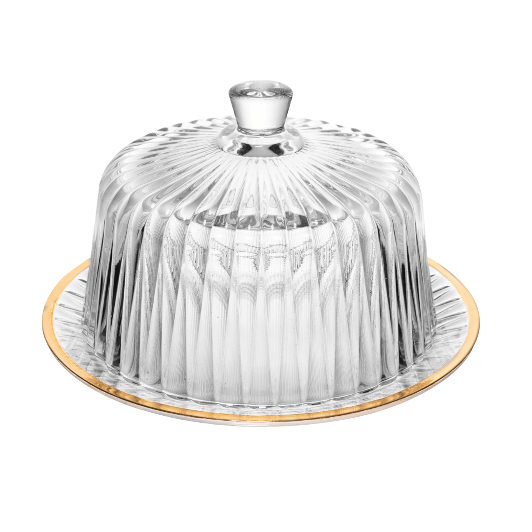 Queijeira Radial em Cristal com Tampa Fio de Ouro 20cm