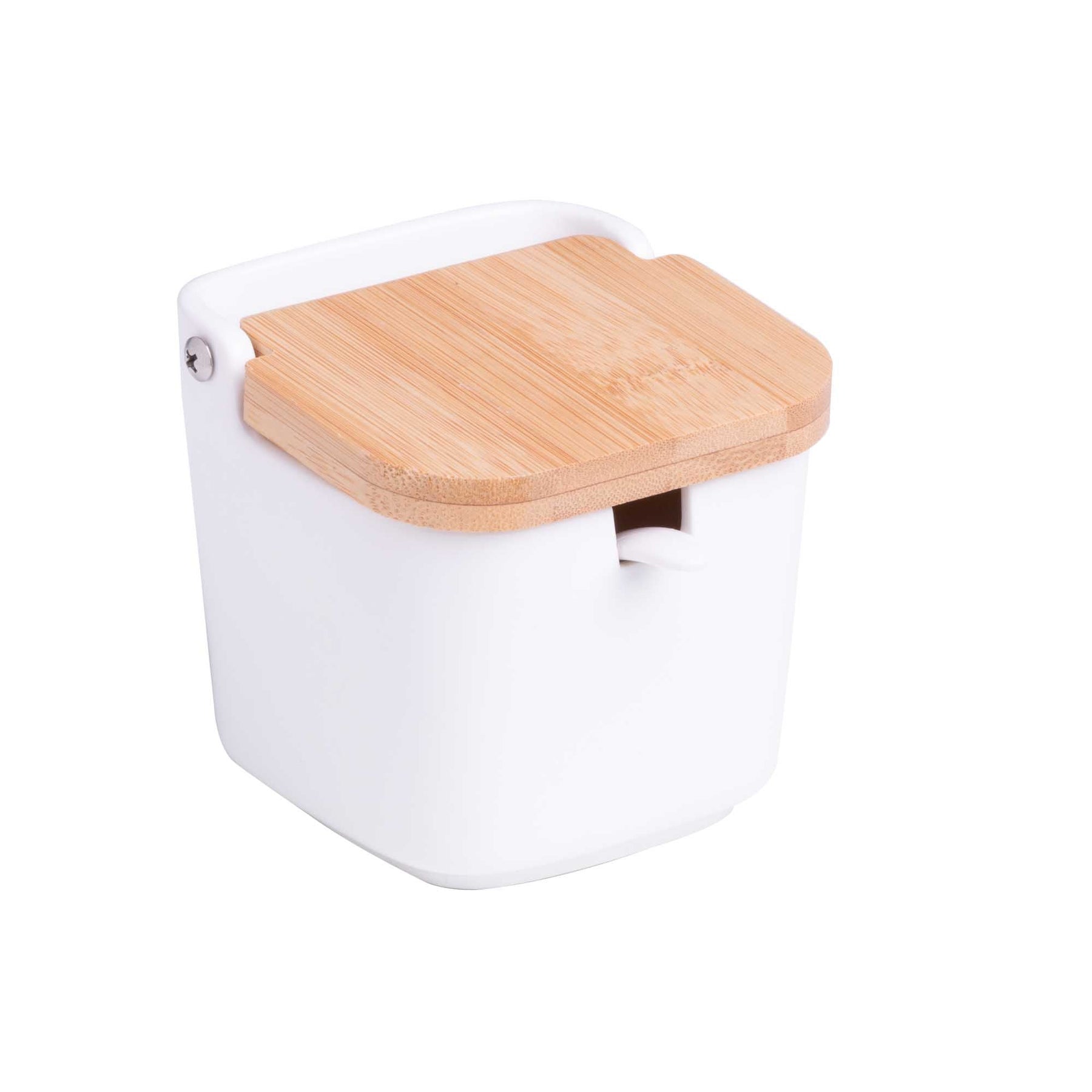 Saleiro de Mesa em Cerâmica com Tampa de Madeira e Colher Branco 9cm