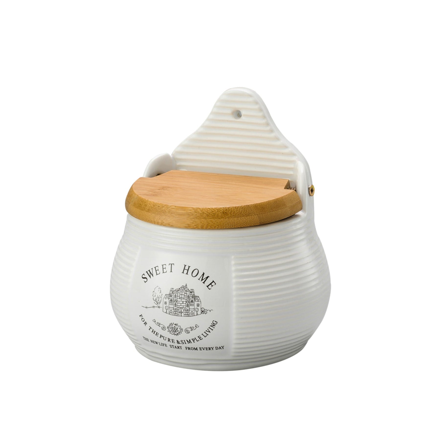 Saleiro Sweet Home em Cerâmica para Parede com Tampa de Madeira Branco 10cm