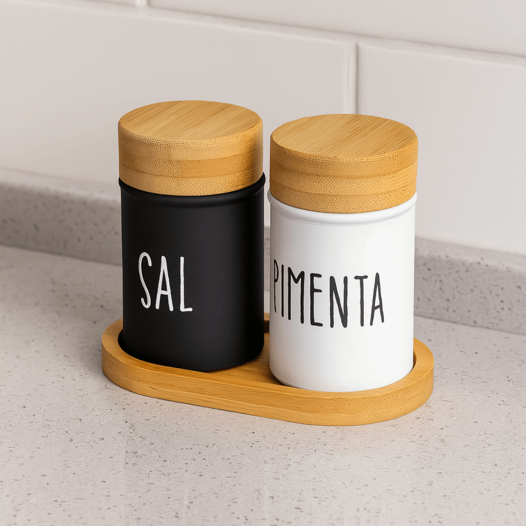 Jogo Saleiro e Pimenteiro com Suporte Doha 90ml 3 Peças