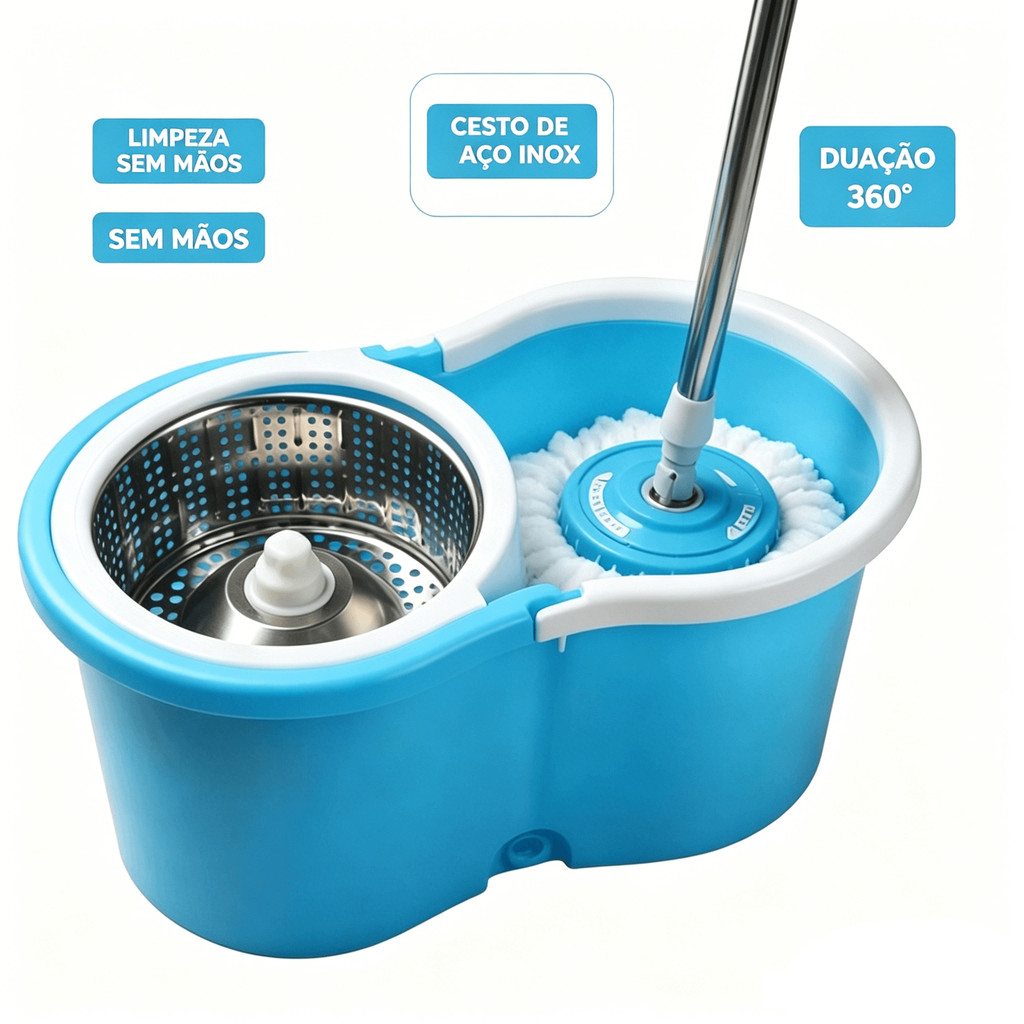 Kit Mop Giratório Com Balde e Cesto de Centrifugação Em Inox