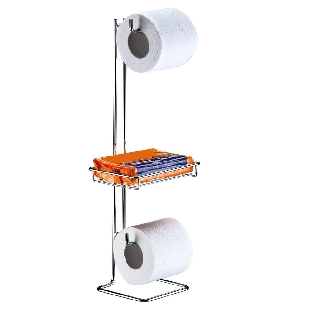 Suporte para Papel Higiênico Chão Duplo Com Porta Objeto Cromado
