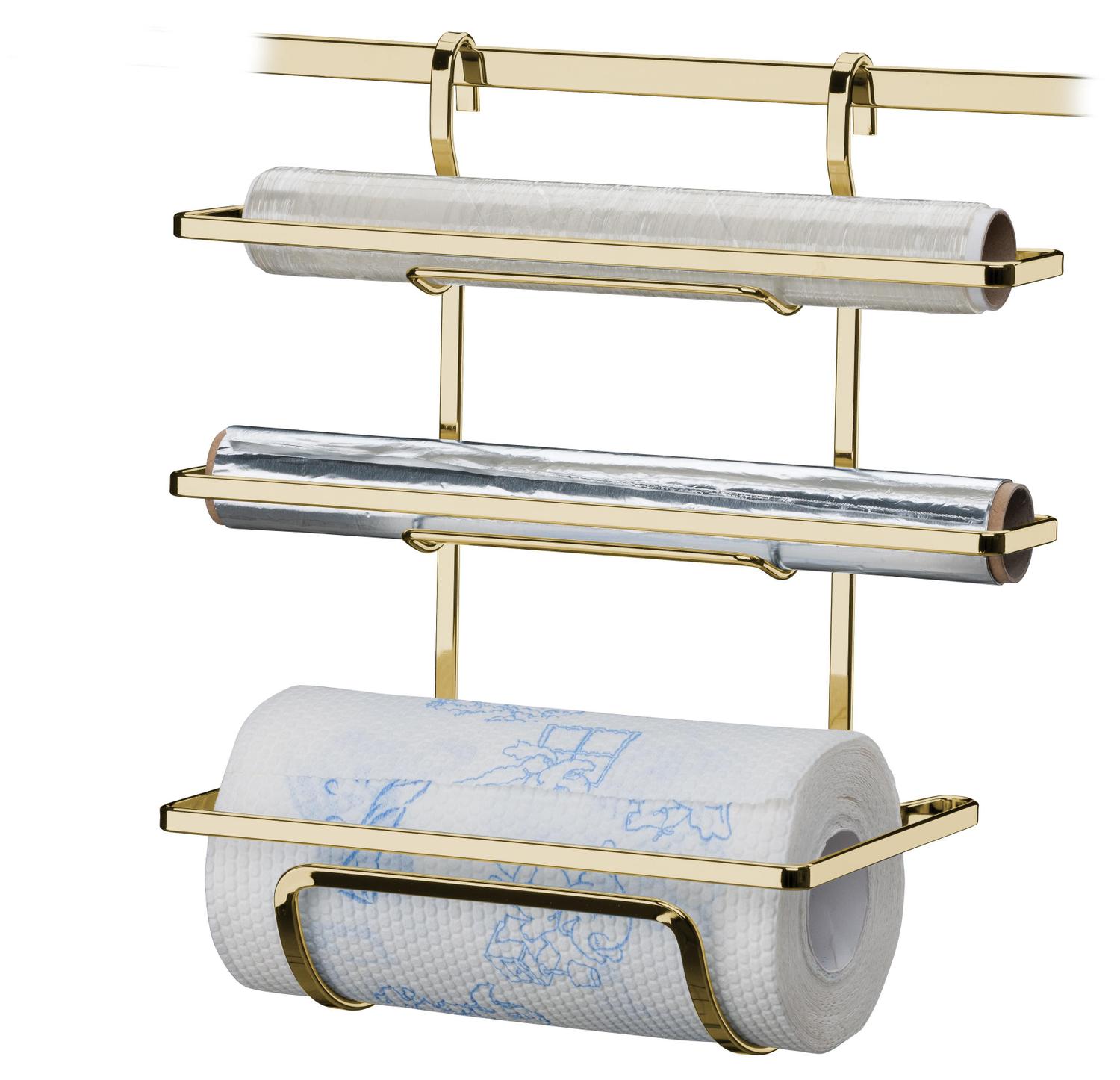 Suporte Porta Rolos Triplo Papel Toalha Alumínio e PVC Para Barra Luxo Dourado