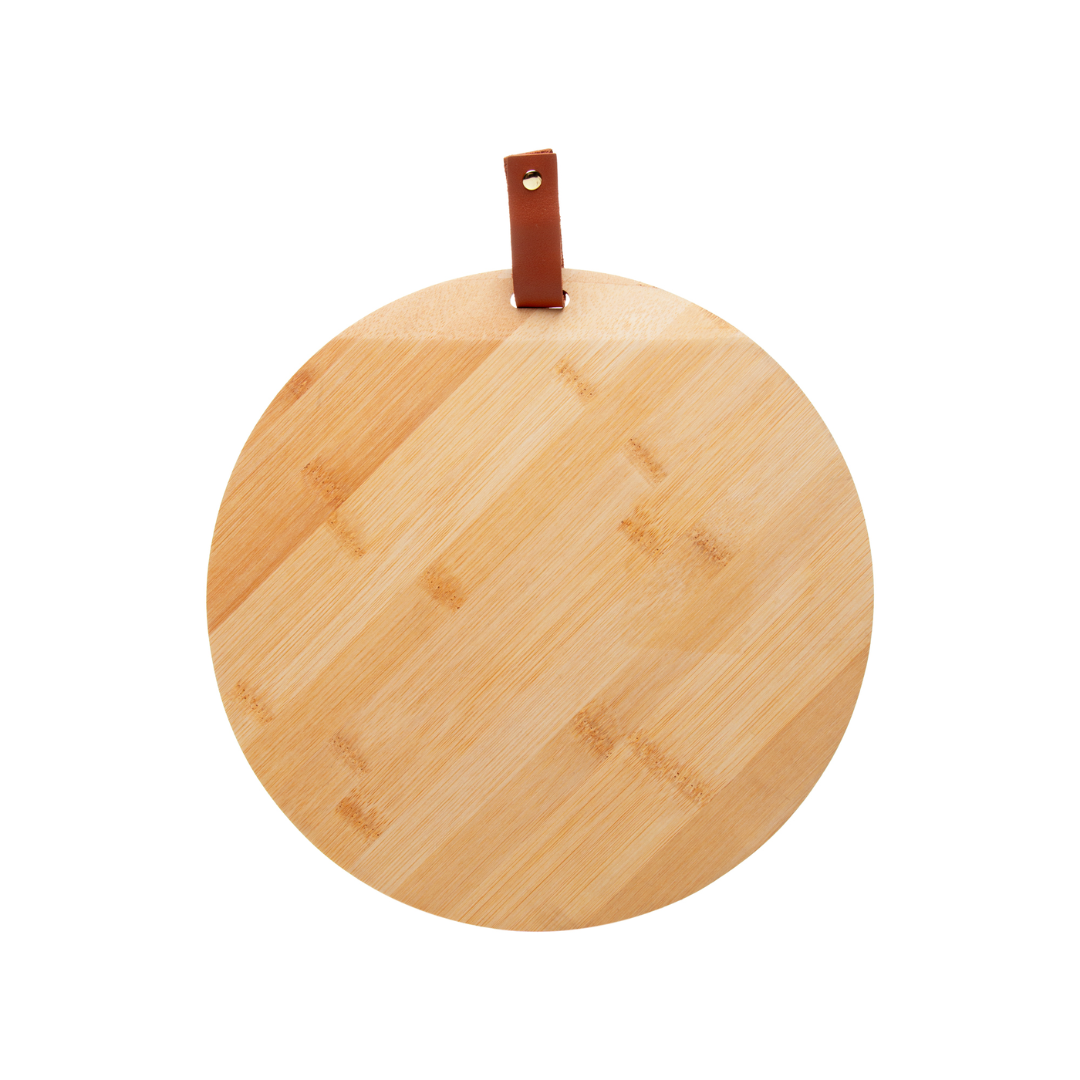Tábua de Corte Redonda Bambu com Alça de Couro 18cm