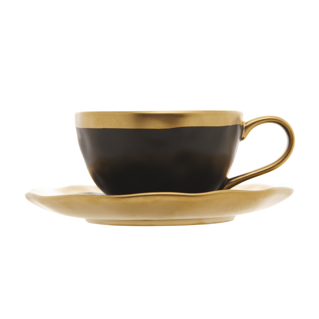 Xícara de Café com Pires em Porcelana Dubai Preto e Dourado 90ml