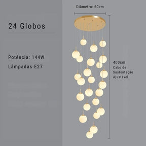 Lustre Pendente de Luxo para Pé-Direito Duplo Globos Estilo Clássico LEDZ -  Dourado/Prata – 6 Globos / 9 Globos / 12 Globos / 18 Globos / 24 Globos