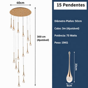 Lustre Pendente de Luxo para Pé-Direito Duplo Pingo Dourado/Preto LEDZ – 6 Pingos / 8 Pingos / 10 Pingos / 12 Pingos / 15 Pingos