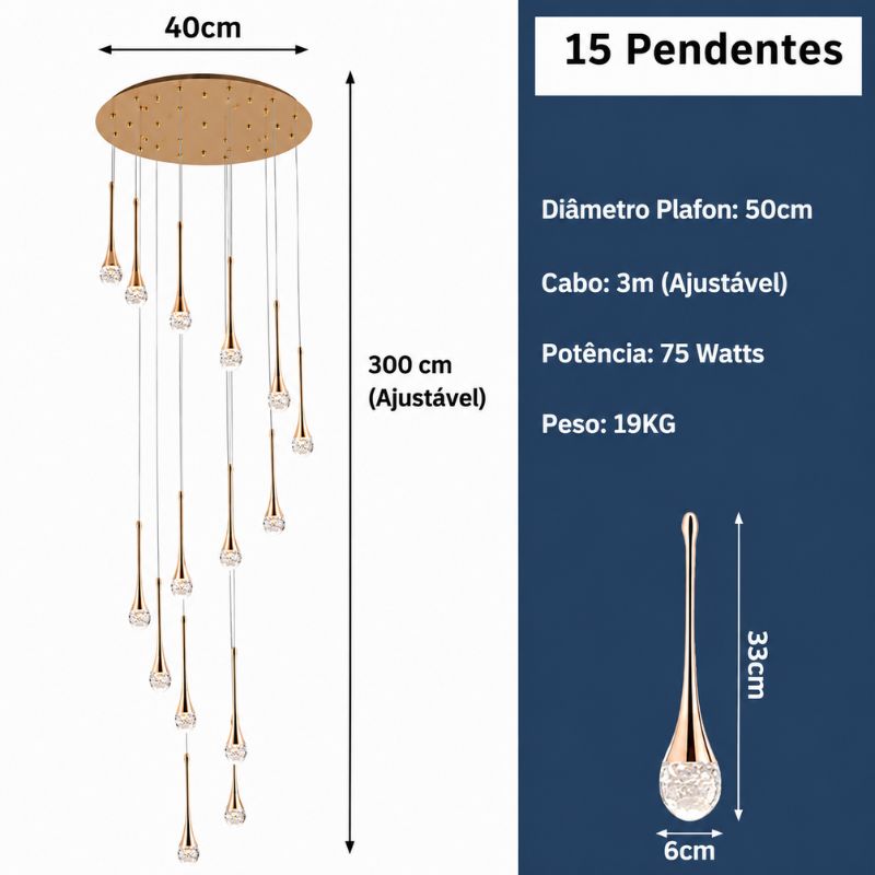 Lustre Pendente de Luxo para Pé-Direito Duplo Pingo Dourado/Preto LEDZ – 6 Pingos / 8 Pingos / 10 Pingos / 12 Pingos / 15 Pingos