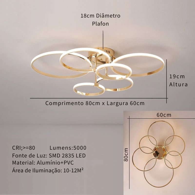 Lustre Luminária de Teto Circular Minimalista Com Controle Remoto e App de Celular Livorno LEDZ – Dourado / Prata / Preto – 61cm / 80cm