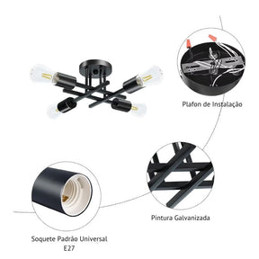 Lustre Luminária de Teto Plafon Nordico 4 Hastes Viggo LEDZ – Prata/Preto/Dourado
