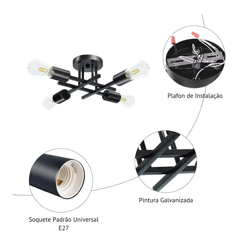 Lustre Luminária de Teto Plafon Nordico 4 Hastes Viggo LEDZ – Prata/Preto/Dourado