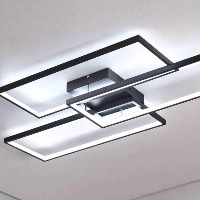 Lustre Luminária de Teto Geométrico Retangular Minimalista Com Controle Remoto e App de Celular – Preto/Branco/Dourado – 60cm/78cm