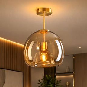 Lustre Luminária de Teto Plafon de Luxo com Cúpula de Vidro Monza LEDZ – Dourado - Âmbar / Preto – Fumê