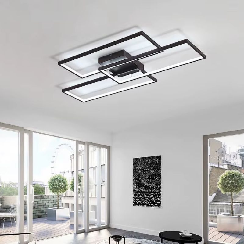 Lustre Luminária de Teto Geométrico Retangular Minimalista Com Controle Remoto e App de Celular – Preto/Branco/Dourado – 60cm/78cm