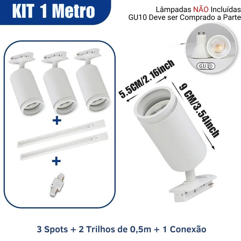 Luminária Trilho de Teto Eletrificado Modular Com Spots Ajustáveis, GU10, LEDZ - Preto/Branco