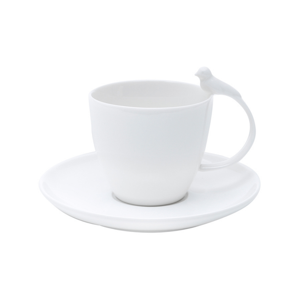 Jogo 6 Xicaras de Cha Porcelana com Pires Birds Branco 200ml