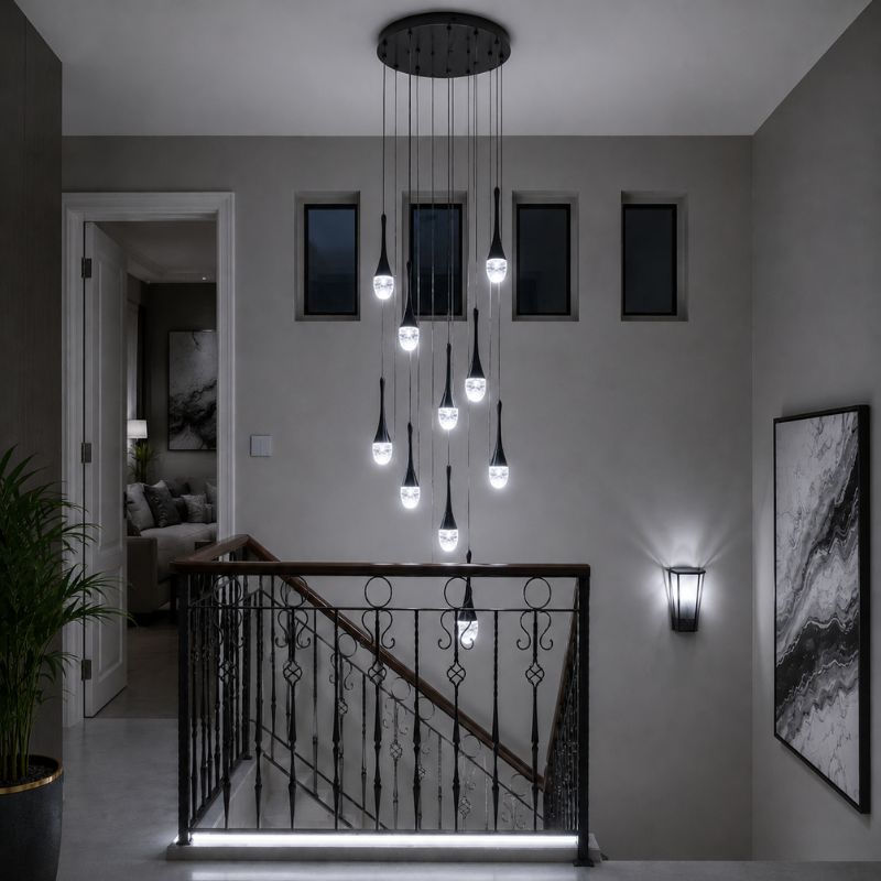 Lustre Pendente de Luxo para Pé-Direito Duplo Pingo Dourado/Preto LEDZ – 6 Pingos / 8 Pingos / 10 Pingos / 12 Pingos / 15 Pingos