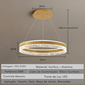 Lustre Pendente de Luxo Circular Versailles LEDZ - Preto/Branco/Dourado - 50cm