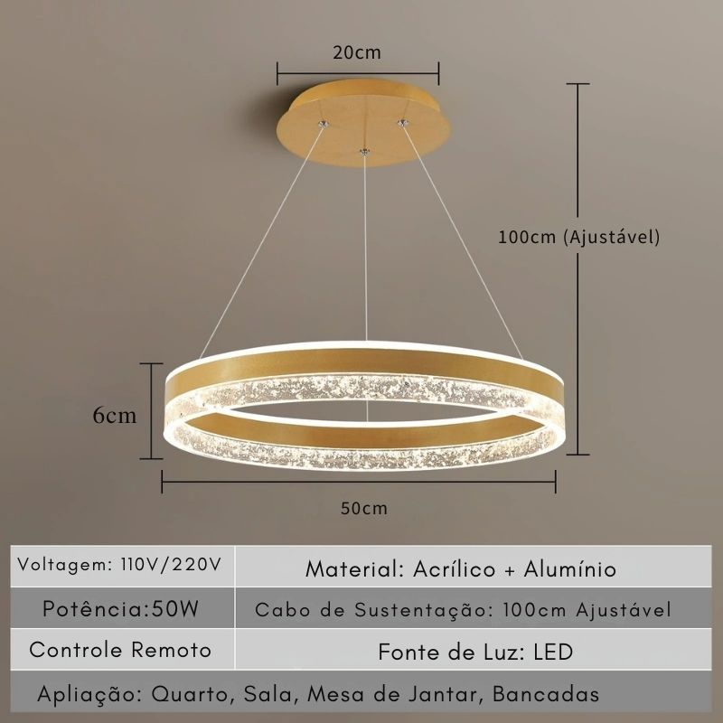 Lustre Pendente de Luxo Circular Versailles LEDZ - Preto/Branco/Dourado - 50cm