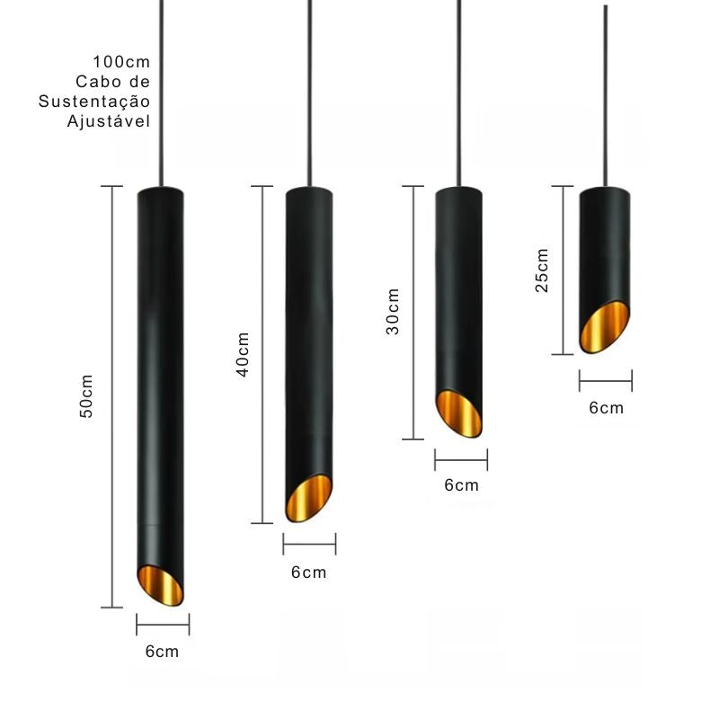 Lustre Pendente Moderno Minimalista Tubular Domus Ledz – Preto/Branco – 25cm/30cm/40cm/50cm