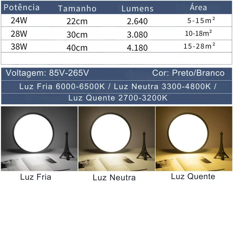Luminária de Teto Plafon Ultra Slim LED - Com Controle Remoto, App de Celular - 22cm/30cm/40cm