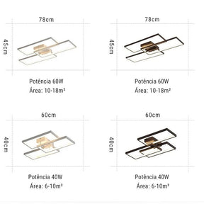 Lustre Luminária de Teto Geométrico Retangular Minimalista Com Controle Remoto e App de Celular – Preto/Branco/Dourado – 60cm/78cm