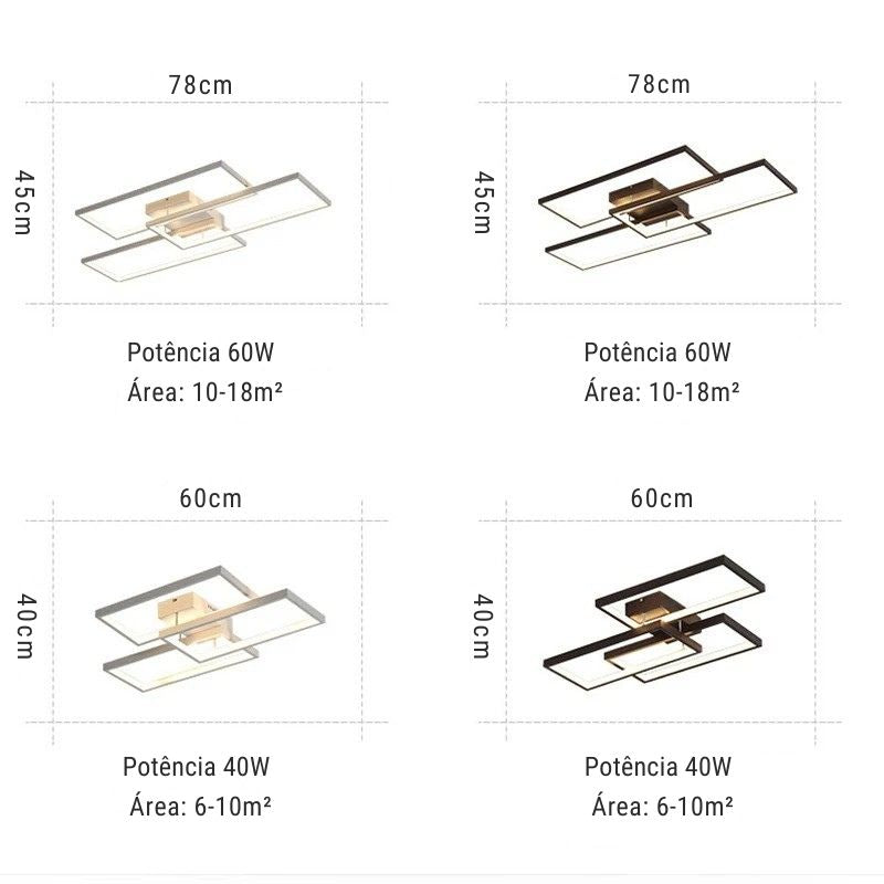 Lustre Luminária de Teto Geométrico Retangular Minimalista Com Controle Remoto e App de Celular – Preto/Branco/Dourado – 60cm/78cm
