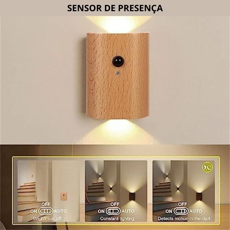 Luminária Arandela de Parede Sem Fio Com Sensor de Presença Recarregável - Small Wood