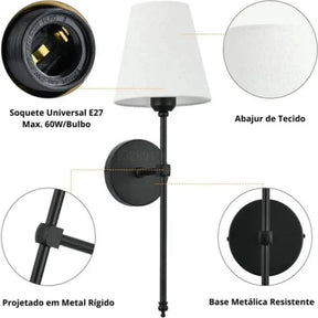 Luminária Arandela de Parede Sem Fio com Controle Remoto Abajur Estilo Clássico – Dourado/Preto